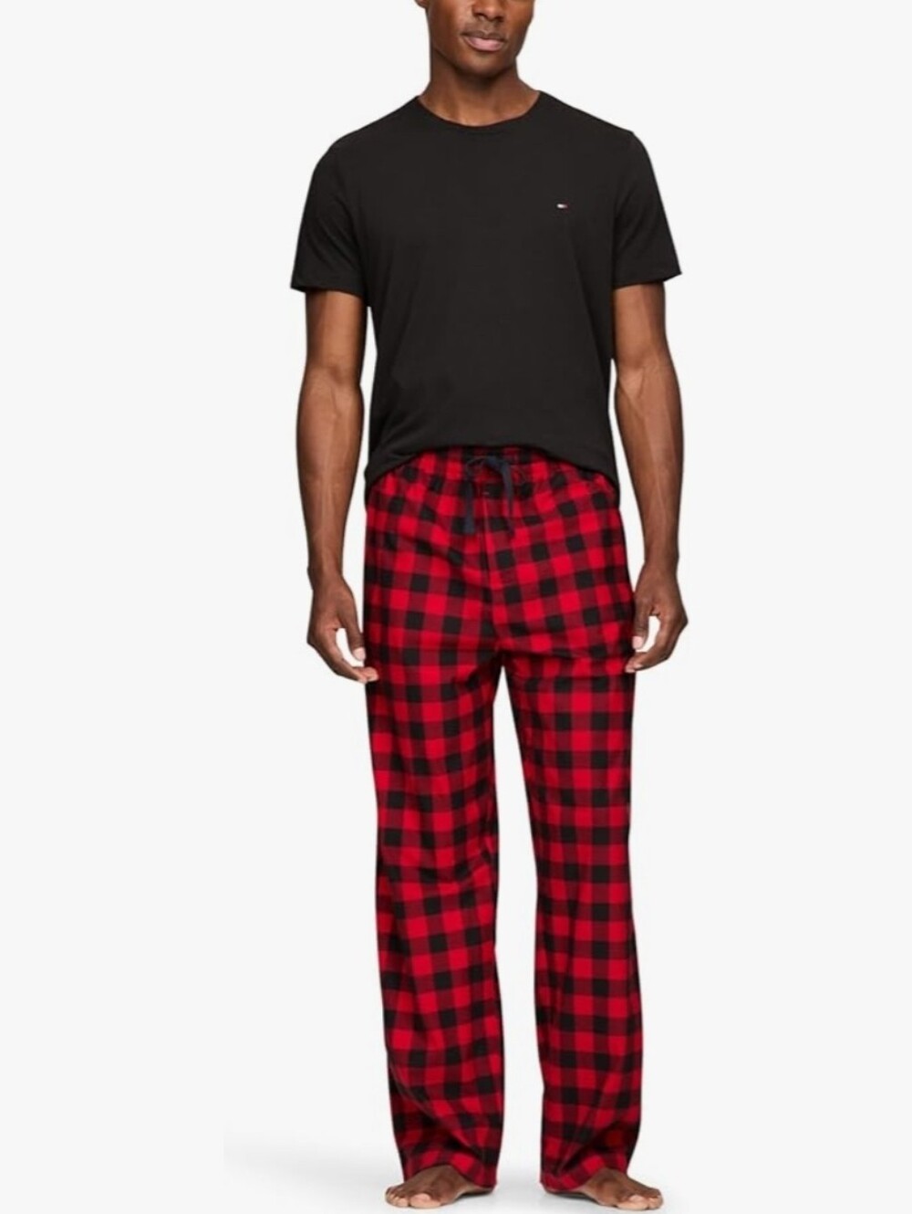 Tommy Hilfiger Men's Black Tee with Red Buffalo Plaid Lounge Pants